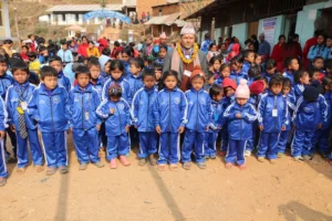 The whole school lined up in blue